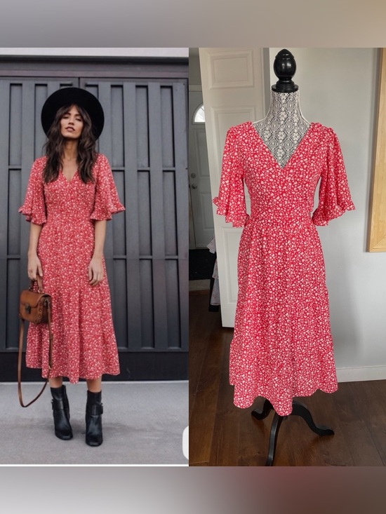 She + Sky Dresses & Skirts - NWT Large She + Sky Tiered Tie Back Red Floral Flutter Sleeve Midi Dress